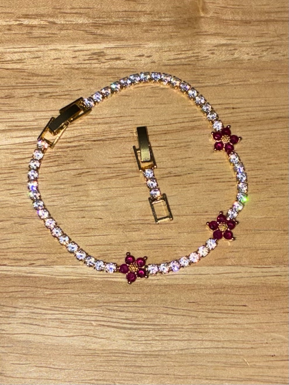 NWT Gold Ruby Flower Tennis Bracelet | Fits 6.5"-7.5"